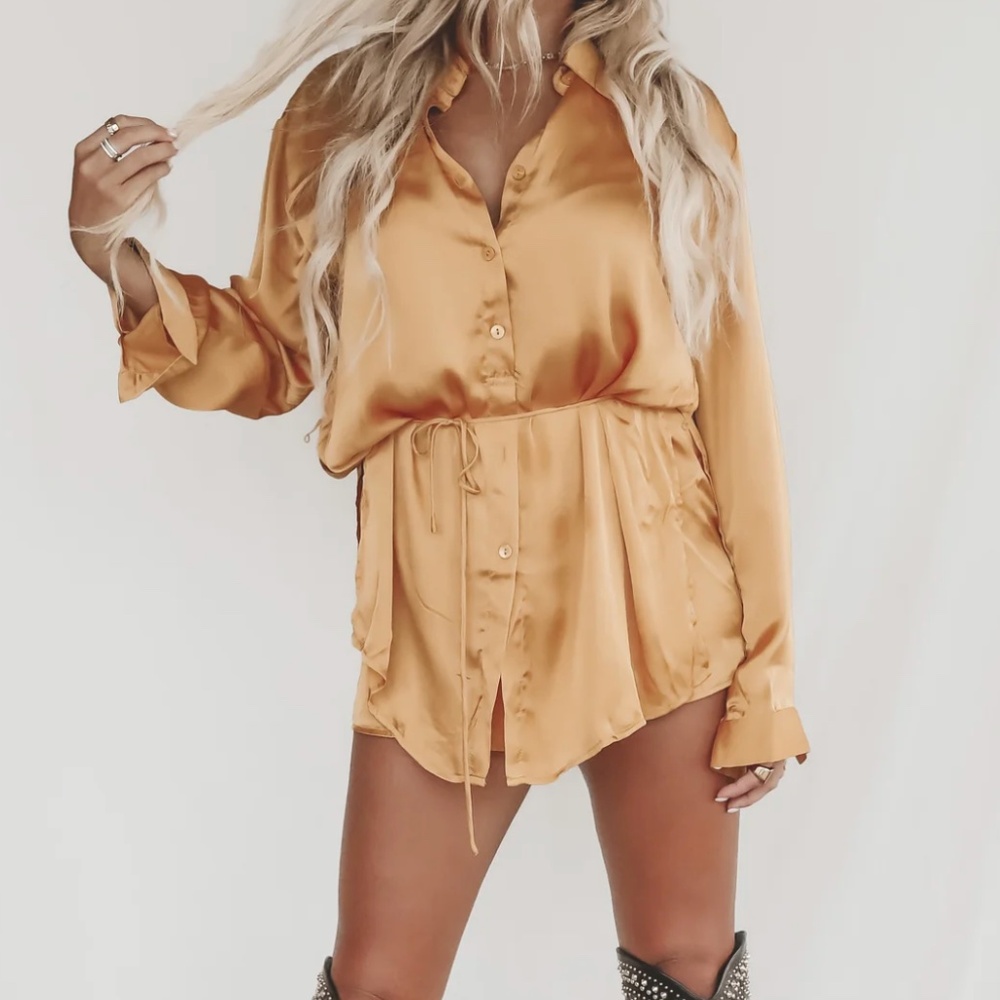 Amazing Lace Satin Long Sleeve Romper Shirt Dress Mini Dress Honey Ye…